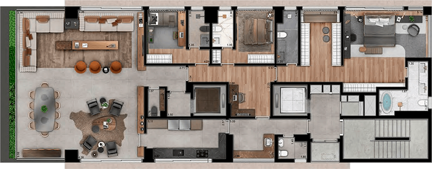 Concepção artística da planta opção sala e suíte master ampliadas de 252m²