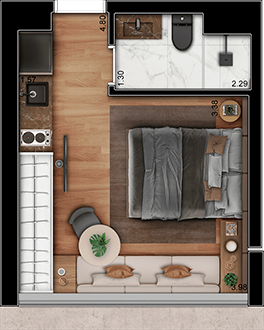 Concepção artística da planta do studio opção de 21m²