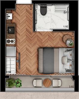 Concepção artística da planta do studio de 21m²