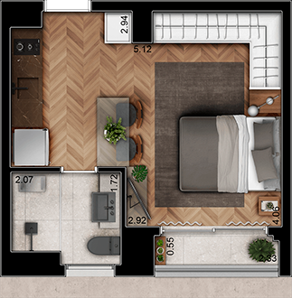 Concepção artística da planta do studio de 28m²