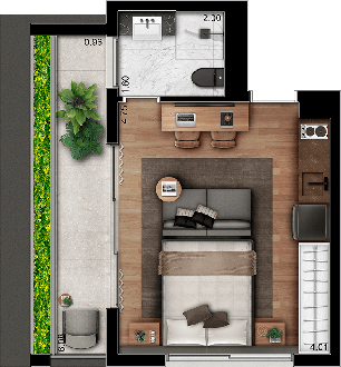 Concepção artística da planta do studio de 37m²